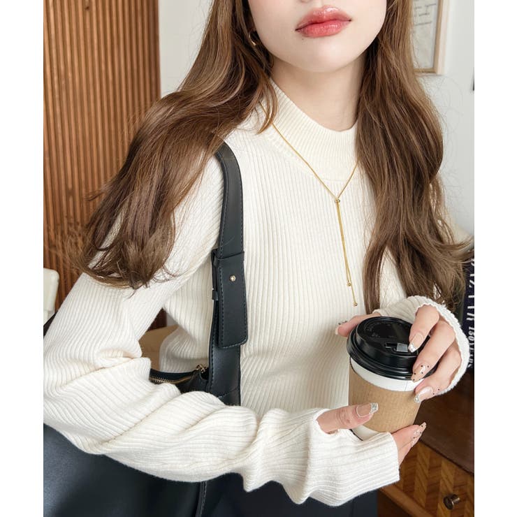 アイボリー | ボトルネック指ぬきリブニットプルオーバー 12G | moment+