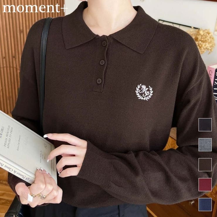 ワンポイント刺繍入り衿付きポロニット12G | moment+ | 詳細画像1 