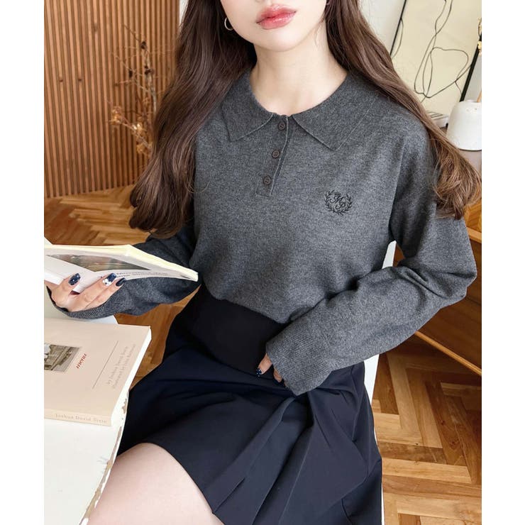 ワンポイント刺繍入り衿付きポロニット12G | moment+ | 詳細画像10 