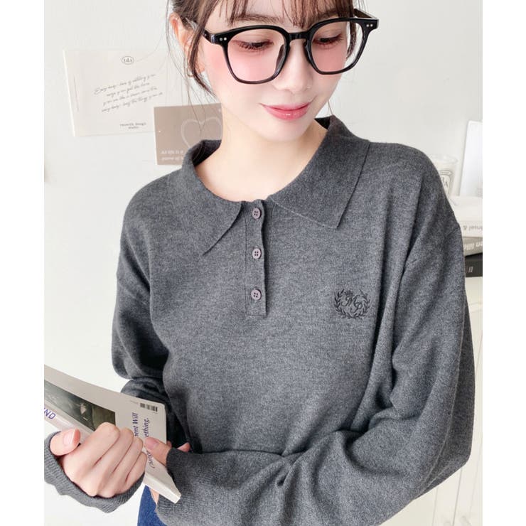 ワンポイント刺繍入り衿付きポロニット12G | moment+ | 詳細画像11 