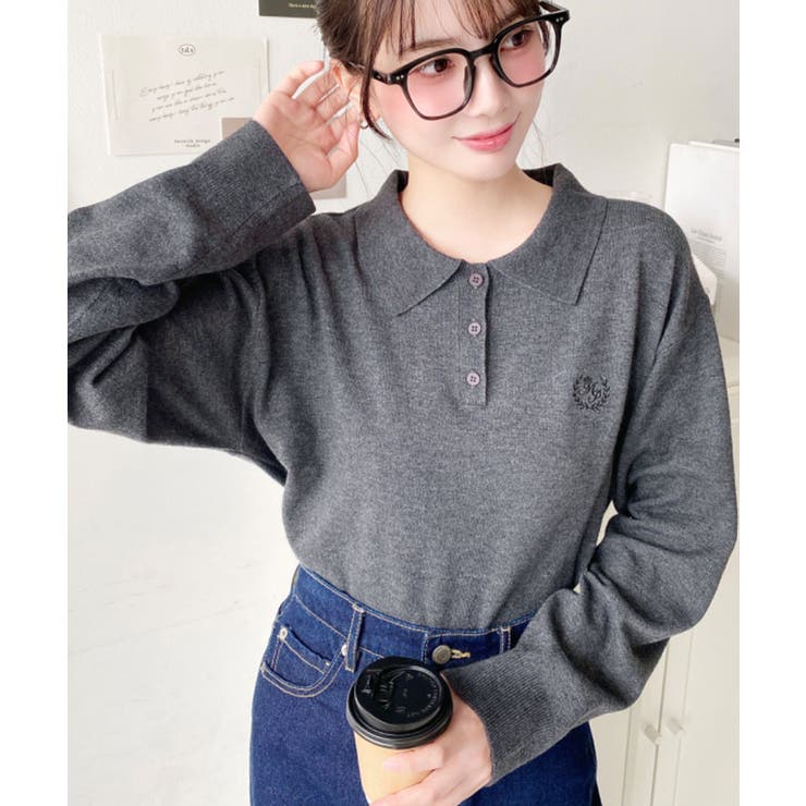 ワンポイント刺繍入り衿付きポロニット12G | moment+ | 詳細画像13 