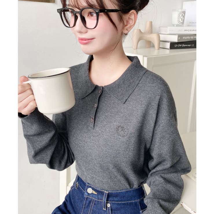 ワンポイント刺繍入り衿付きポロニット12G | moment+ | 詳細画像14 