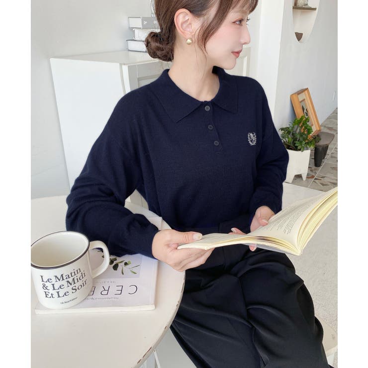 ワンポイント刺繍入り衿付きポロニット12G | moment+ | 詳細画像17 