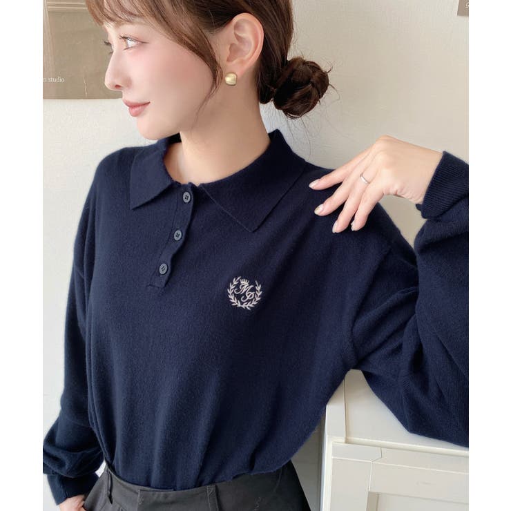 ワンポイント刺繍入り衿付きポロニット12G | moment+ | 詳細画像18 