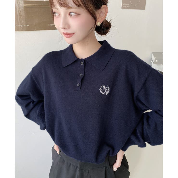 ワンポイント刺繍入り衿付きポロニット12G | moment+ | 詳細画像20 