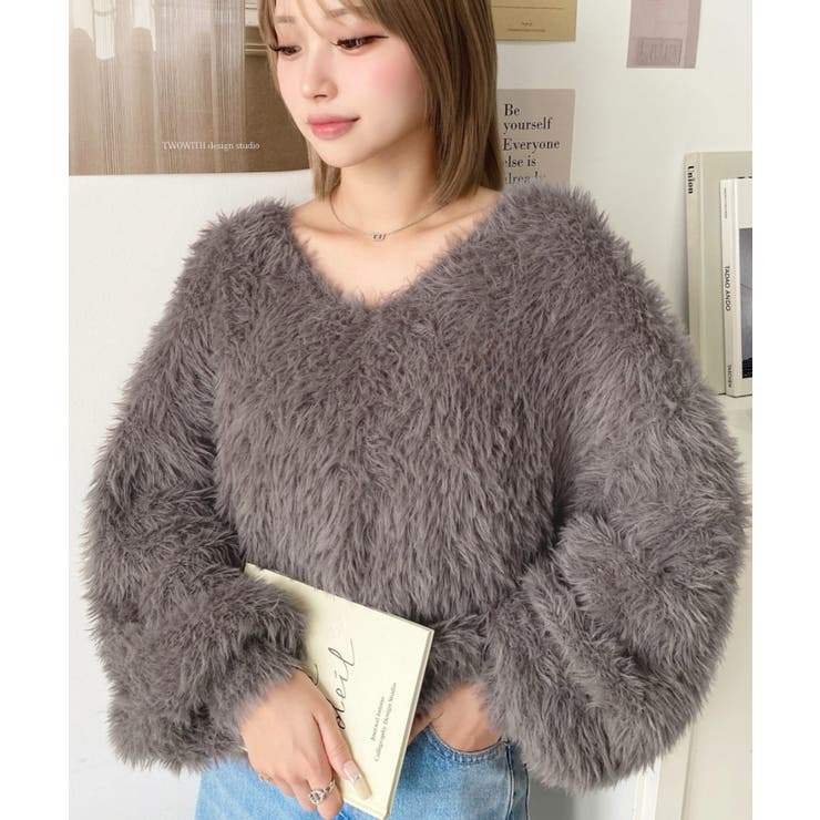 Vネックバルーンスリーブロングシャギーニットプルオーバー[品番