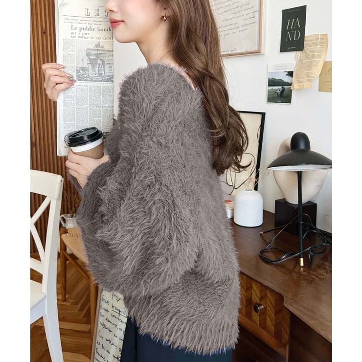 Vネックバルーンスリーブロングシャギーニットプルオーバー[品番