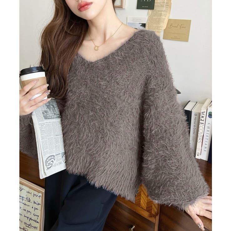 Vネックバルーンスリーブロングシャギーニットプルオーバー[品番