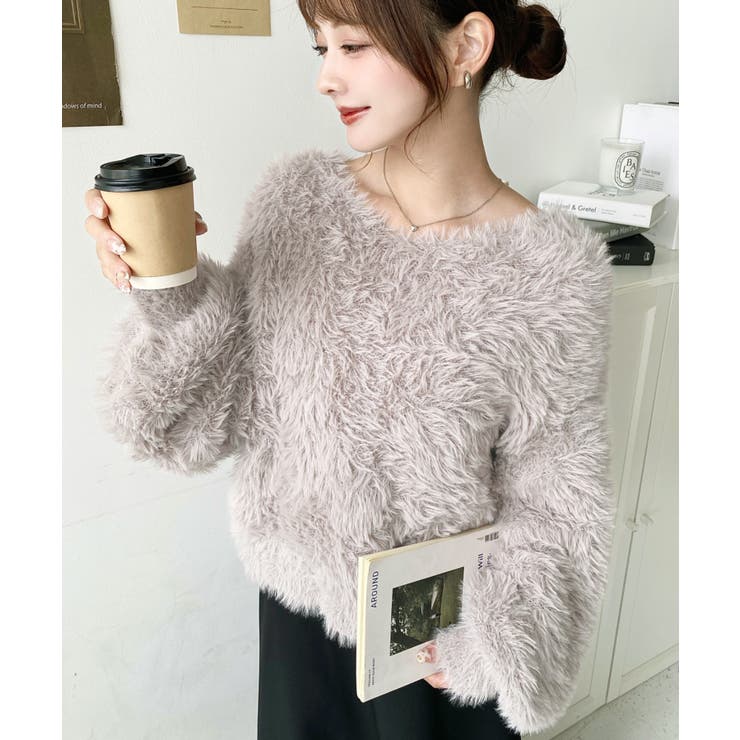 Vネックバルーンスリーブロングシャギーニットプルオーバー[品番