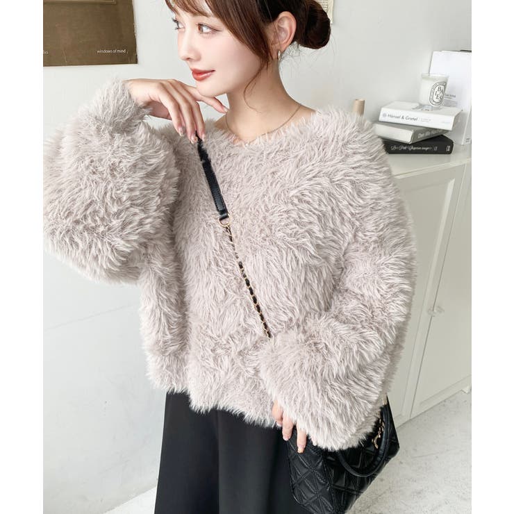 Vネックバルーンスリーブロングシャギーニットプルオーバー[品番