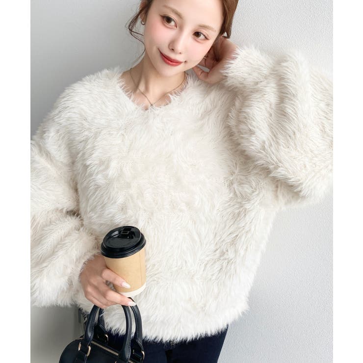 アイボリー | ＼ふわふわモテニット♡ Vネックバルーンスリーブロングシャギーニットプルオーバー | moment+