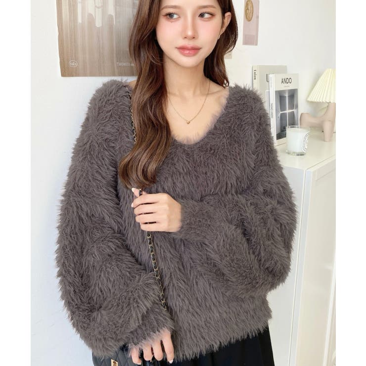 Vネックバルーンスリーブロングシャギーニットプルオーバー[品番