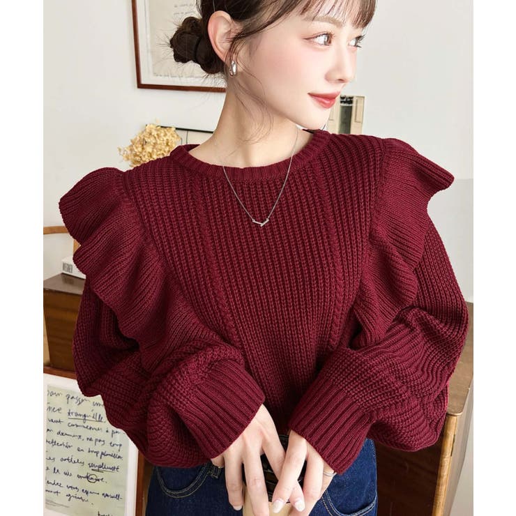 ボルドー | ショルダーフリルニットプルオーバー6G | moment+