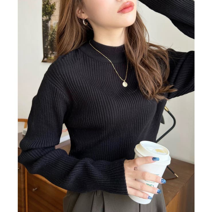 ブラック | トルネックリブカラーリブニットプルオーバー12G | moment+