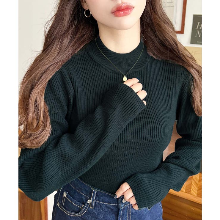 ダークグリーン | トルネックリブカラーリブニットプルオーバー12G | moment+