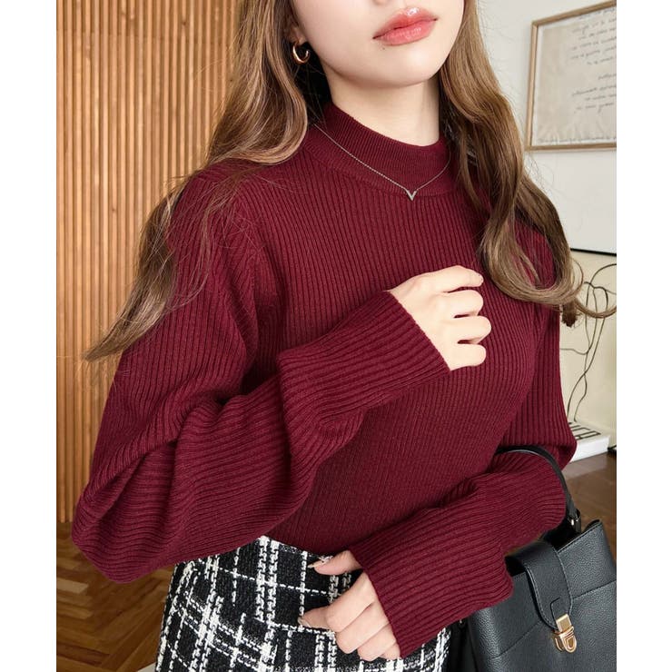 ボルドー | トルネックリブカラーリブニットプルオーバー12G | moment+