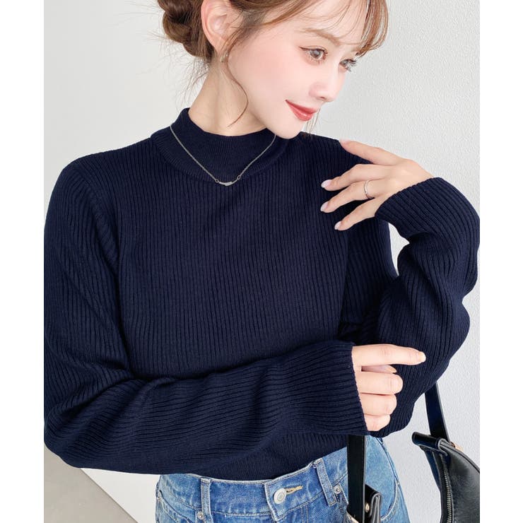 ネイビー | ＼8色展開♪／ボトルネックリブカラーニットプルオーバー | moment+