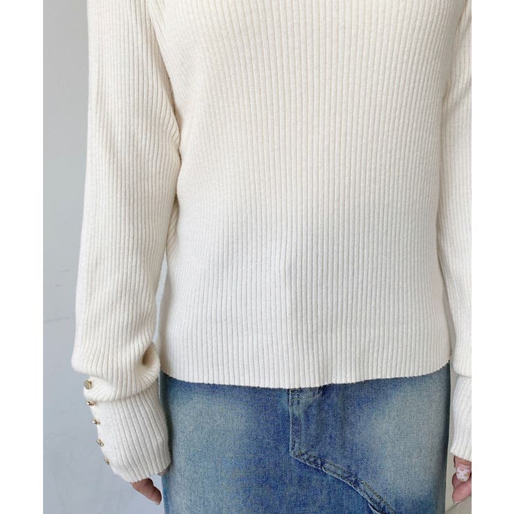 袖口ボタンボトルネックリブニットプルオーバー12G | moment+ | 詳細画像10 