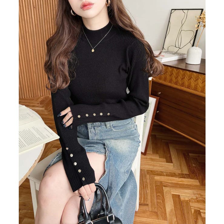 袖口ボタンボトルネックリブニットプルオーバー12G | moment+ | 詳細画像12 