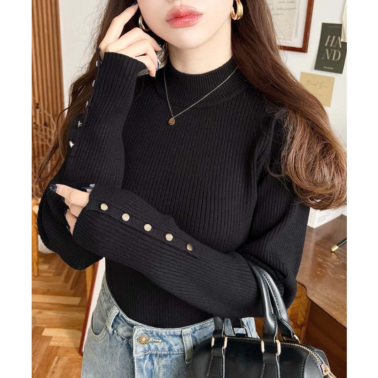 袖口ボタンボトルネックリブニットプルオーバー12G | moment+ | 詳細画像13 