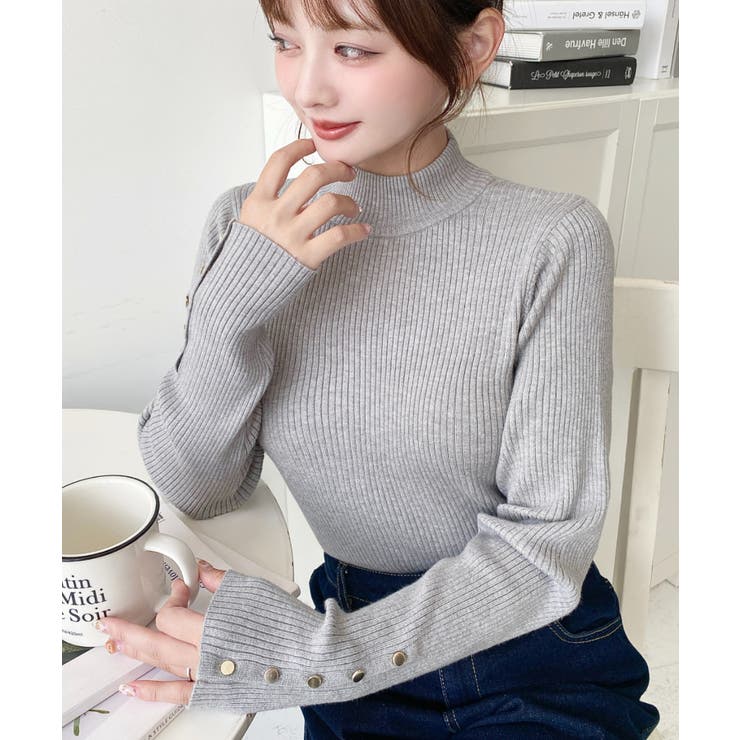 袖口ボタンボトルネックリブニットプルオーバー12G | moment+ | 詳細画像15 