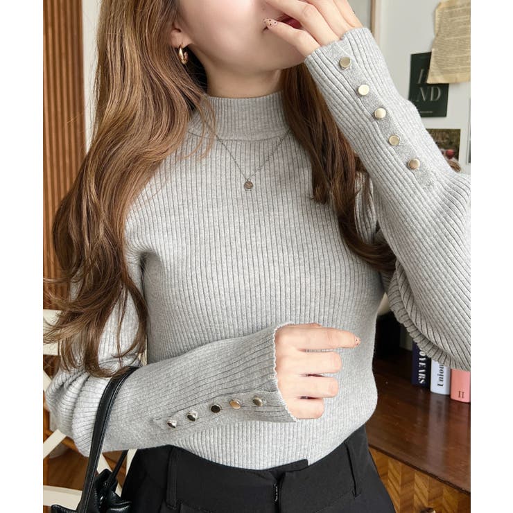 袖口ボタンボトルネックリブニットプルオーバー12G | moment+ | 詳細画像17 