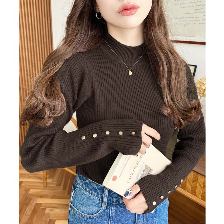 袖口ボタンボトルネックリブニットプルオーバー12G | moment+ | 詳細画像19 