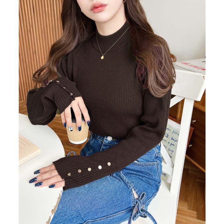 袖口ボタンボトルネックリブニットプルオーバー12G | moment+ | 詳細画像20 