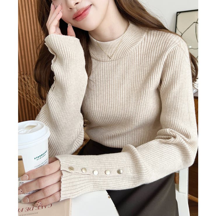 袖口ボタンボトルネックリブニットプルオーバー12G | moment+ | 詳細画像28 