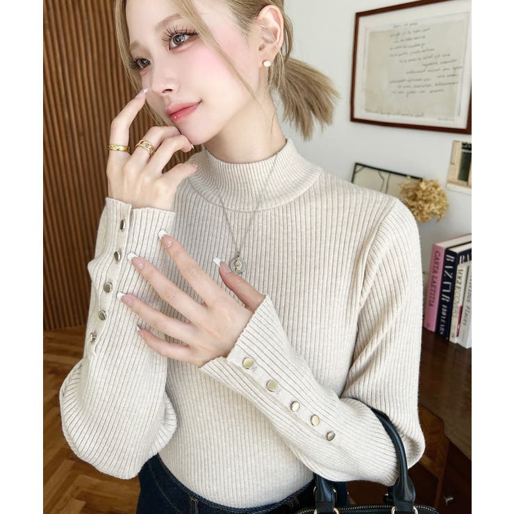 袖口ボタンボトルネックリブニットプルオーバー12G | moment+ | 詳細画像29 