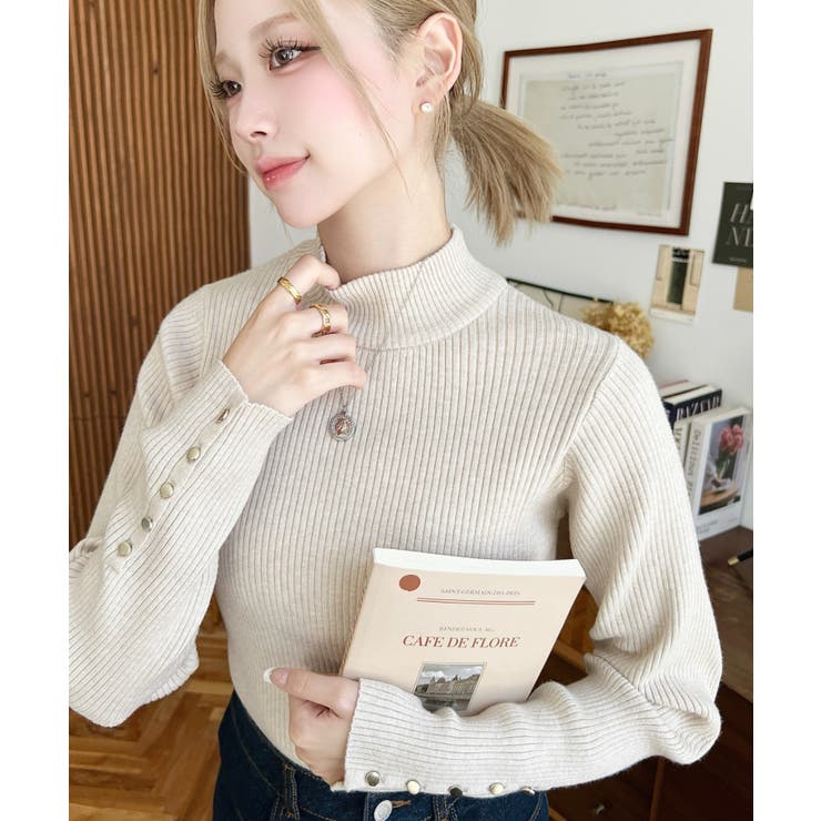 袖口ボタンボトルネックリブニットプルオーバー12G | moment+ | 詳細画像30 