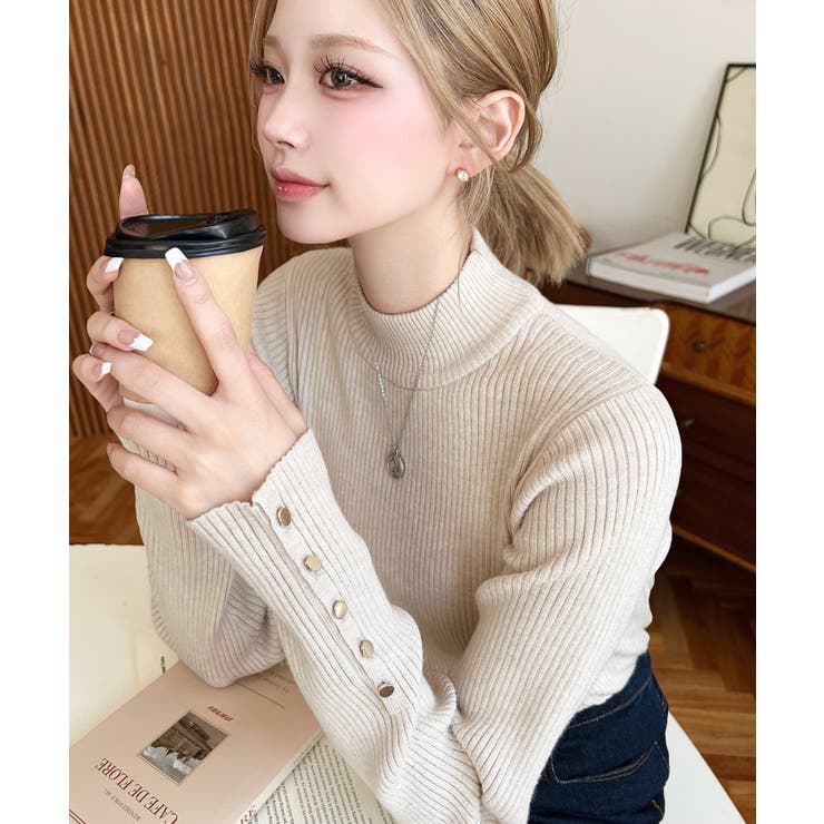 袖口ボタンボトルネックリブニットプルオーバー12G | moment+ | 詳細画像32 