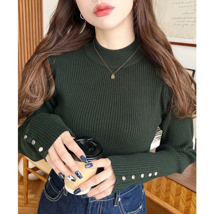 袖口ボタンボトルネックリブニットプルオーバー12G | moment+ | 詳細画像33 