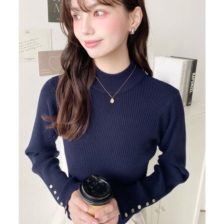 袖口ボタンボトルネックリブニットプルオーバー12G | moment+ | 詳細画像38 