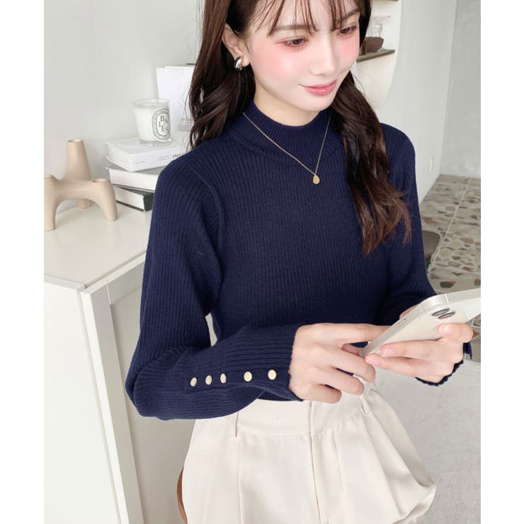 袖口ボタンボトルネックリブニットプルオーバー12G | moment+ | 詳細画像39 