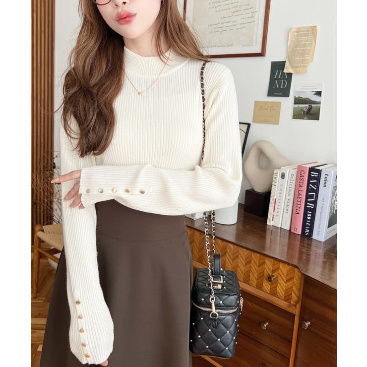 袖口ボタンボトルネックリブニットプルオーバー12G | moment+ | 詳細画像4 