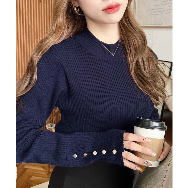 袖口ボタンボトルネックリブニットプルオーバー12G | moment+ | 詳細画像40 