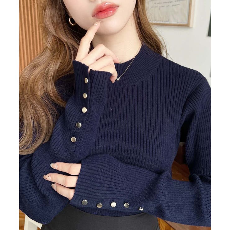 袖口ボタンボトルネックリブニットプルオーバー12G | moment+ | 詳細画像41 