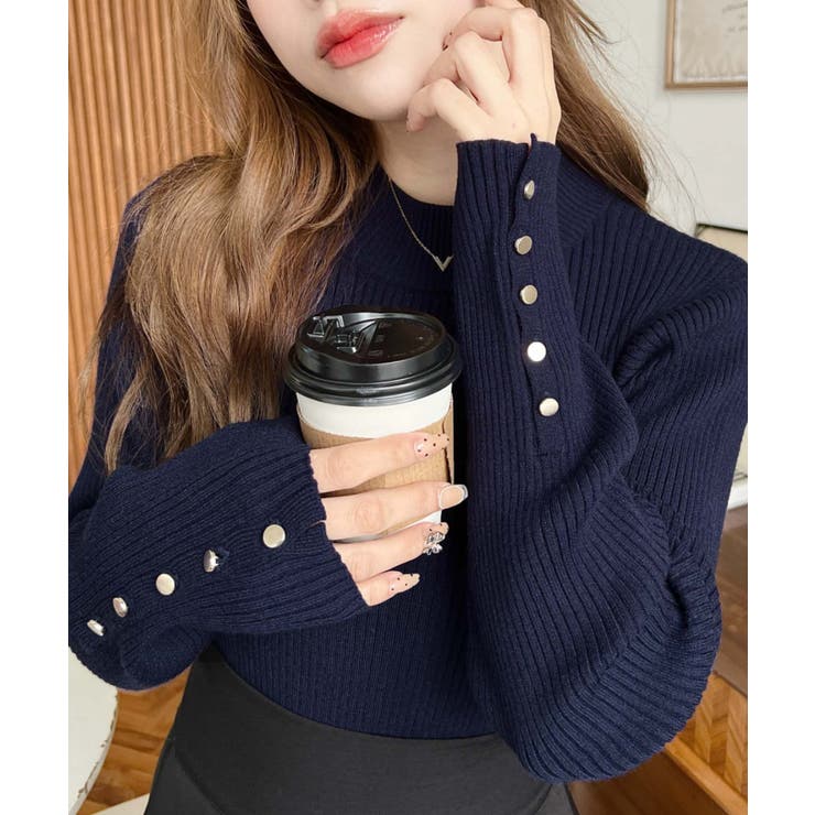 袖口ボタンボトルネックリブニットプルオーバー12G | moment+ | 詳細画像42 