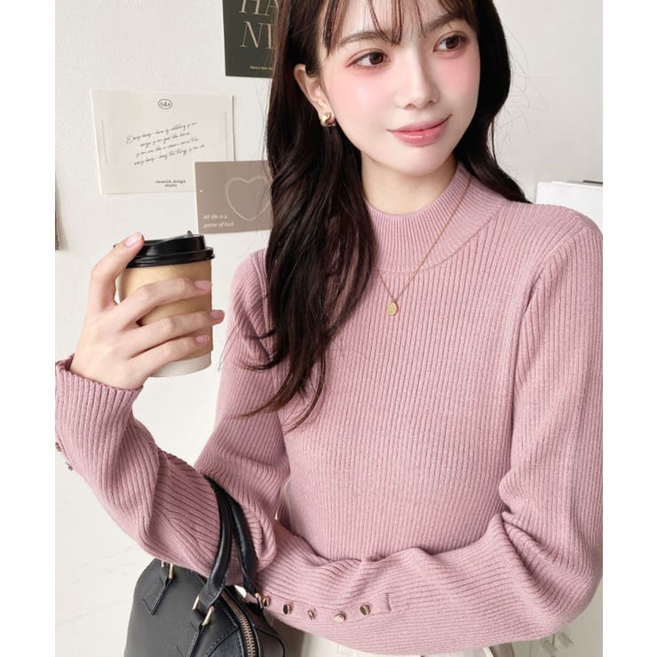 袖口ボタンボトルネックリブニットプルオーバー12G | moment+ | 詳細画像44 