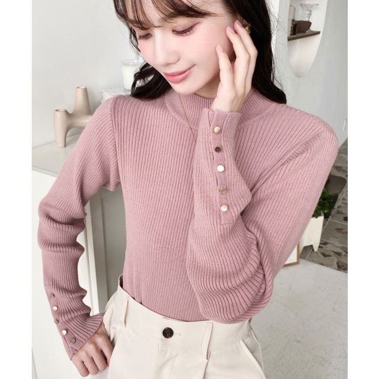 袖口ボタンボトルネックリブニットプルオーバー12G | moment+ | 詳細画像45 