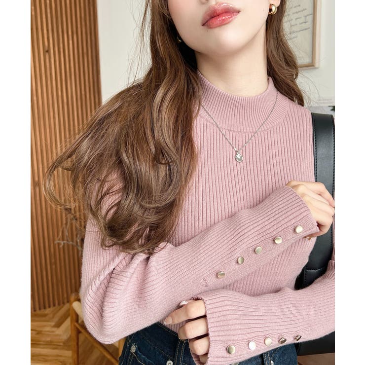 袖口ボタンボトルネックリブニットプルオーバー12G | moment+ | 詳細画像48 