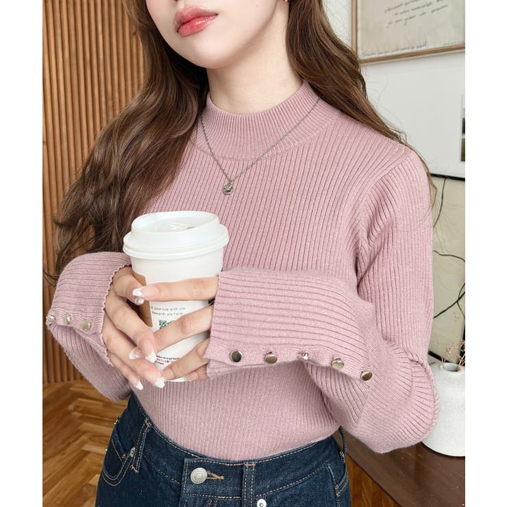 袖口ボタンボトルネックリブニットプルオーバー12G | moment+ | 詳細画像51 