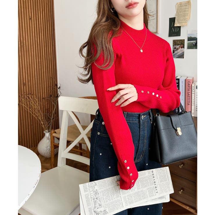 袖口ボタンボトルネックリブニットプルオーバー12G | moment+ | 詳細画像54 