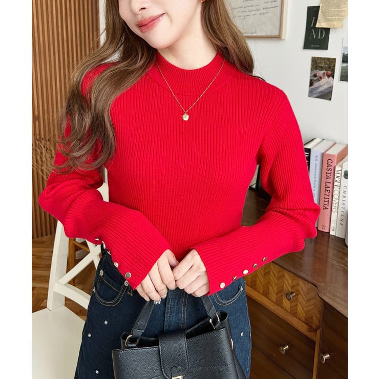 袖口ボタンボトルネックリブニットプルオーバー12G | moment+ | 詳細画像55 