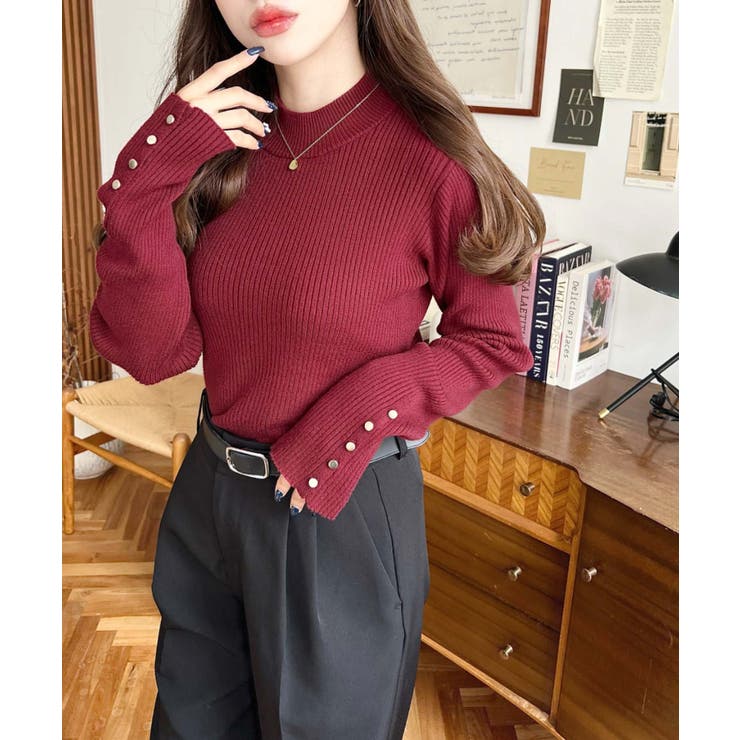 袖口ボタンボトルネックリブニットプルオーバー12G | moment+ | 詳細画像63 