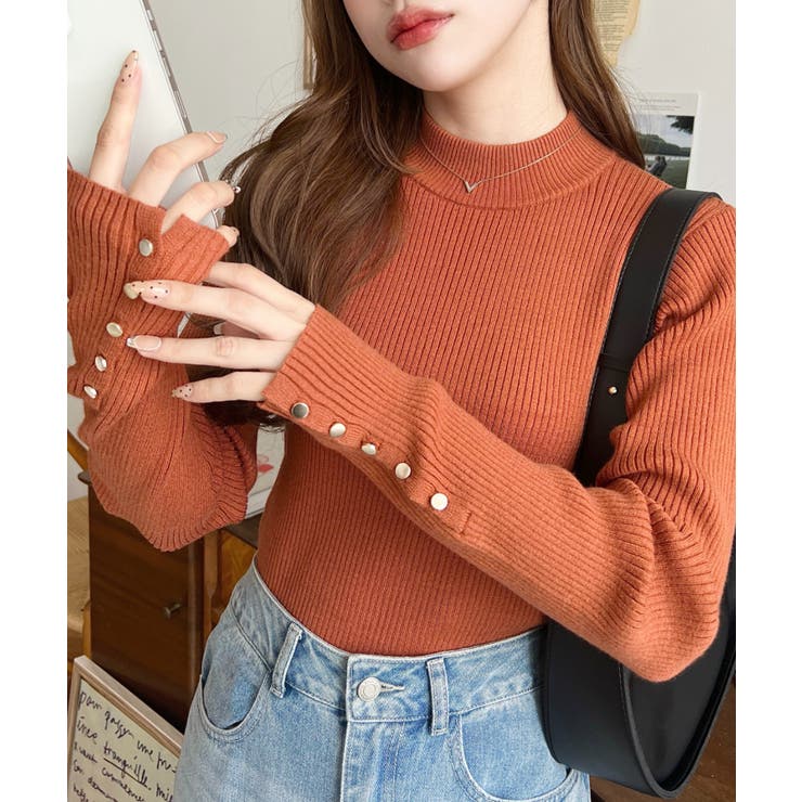 袖口ボタンボトルネックリブニットプルオーバー12G | moment+ | 詳細画像73 