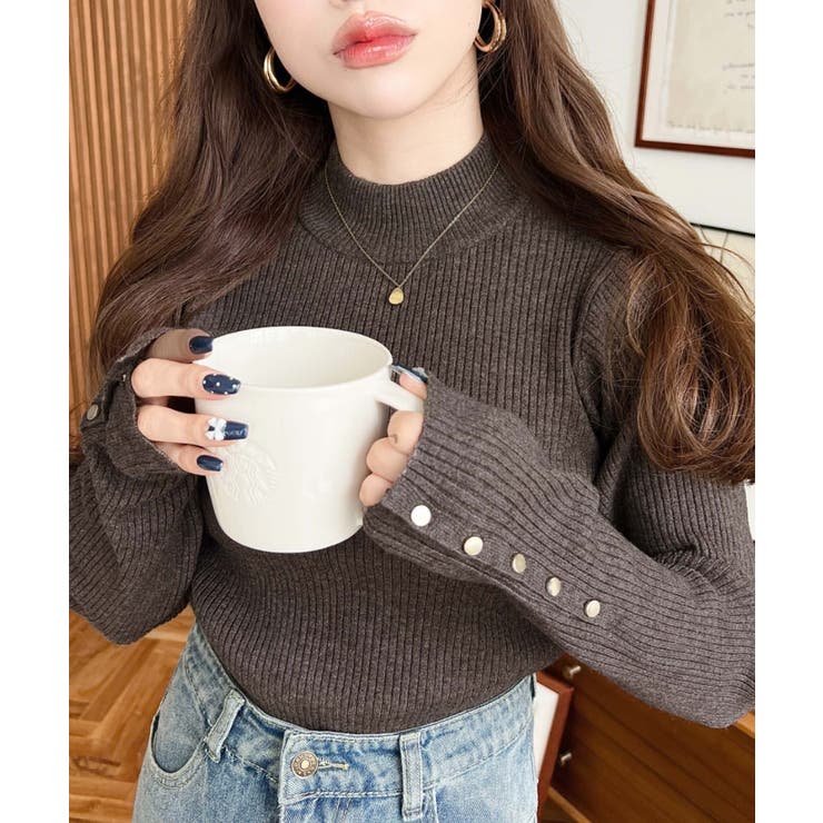 袖口ボタンボトルネックリブニットプルオーバー12G | moment+ | 詳細画像75 