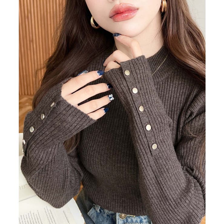 袖口ボタンボトルネックリブニットプルオーバー12G | moment+ | 詳細画像76 