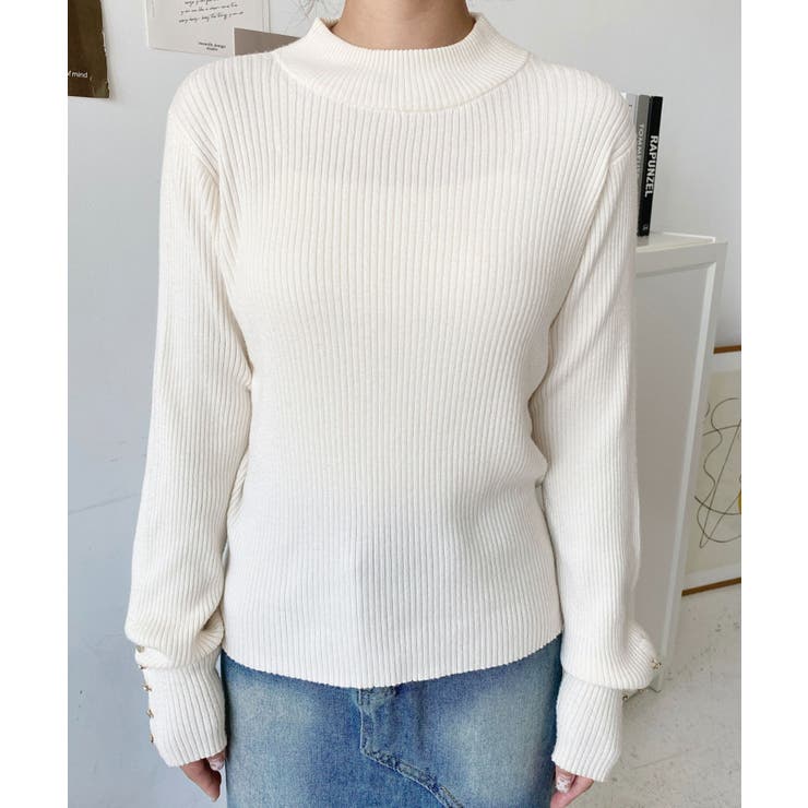 袖口ボタンボトルネックリブニットプルオーバー12G | moment+ | 詳細画像8 